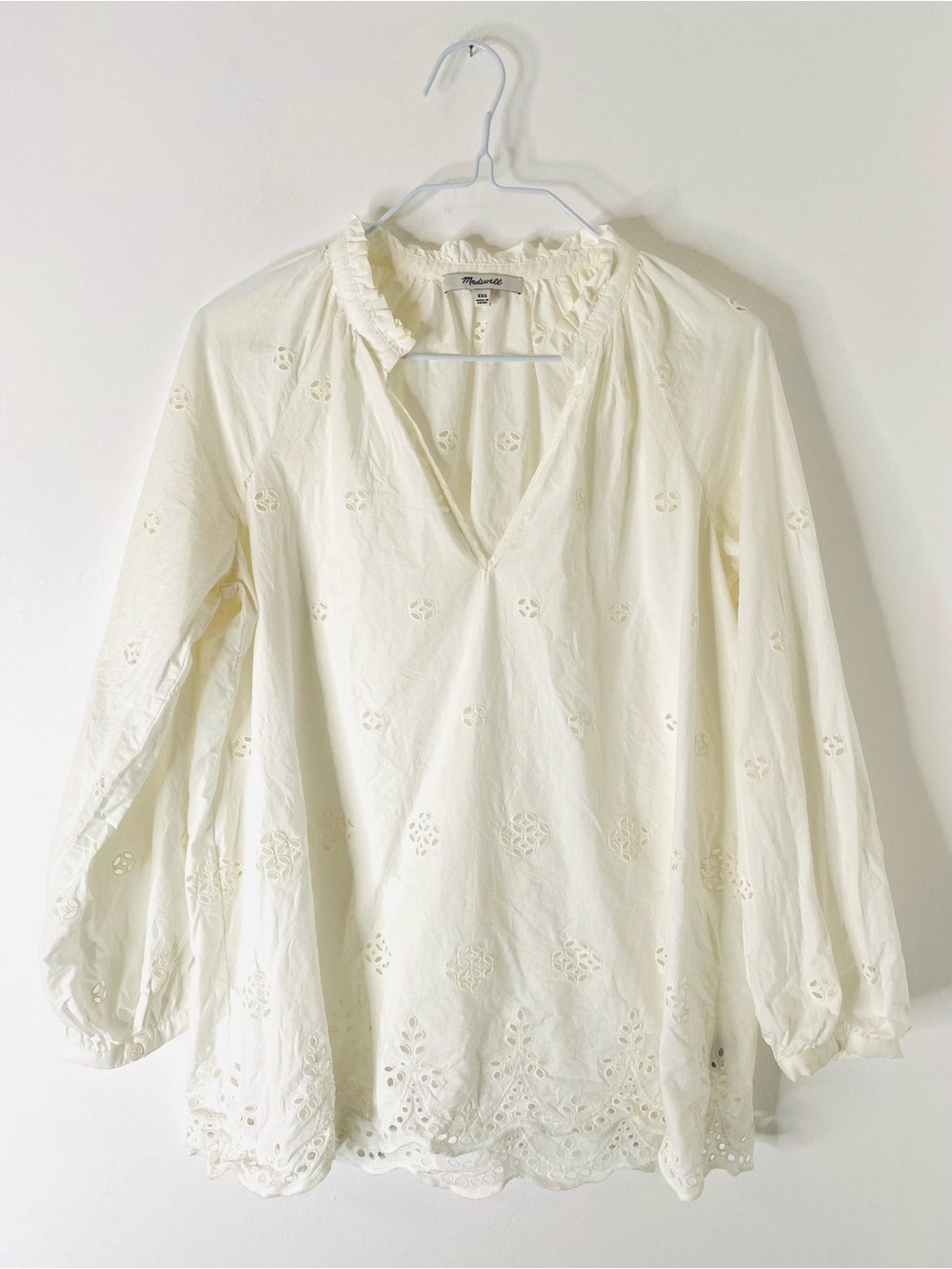 Madewell White Cotton Eyelet Embroidered Ruffle Neck Boho Blouse